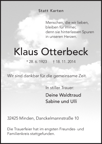 Traueranzeige von Klaus Otterbeck von Neue Osnabrücker Zeitung GmbH & Co. KG