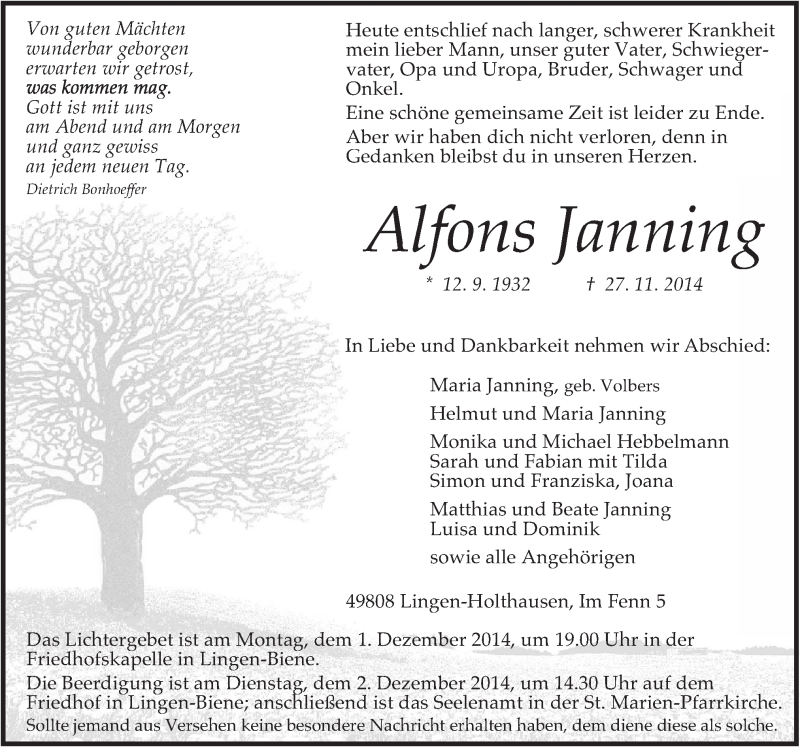  Traueranzeige für Alfons Janning vom 29.11.2014 aus Neue Osnabrücker Zeitung GmbH & Co. KG