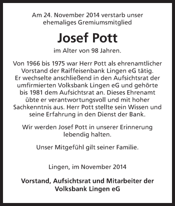 Traueranzeige von Josef Pott von Neue Osnabrücker Zeitung GmbH & Co. KG