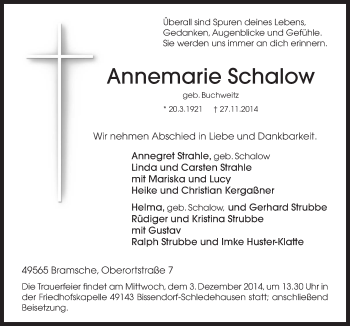 Traueranzeige von Annemarie Schalow von Neue Osnabrücker Zeitung GmbH & Co. KG