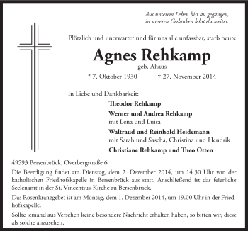 Traueranzeige von Agnes Rehkamp von Neue Osnabrücker Zeitung GmbH & Co. KG