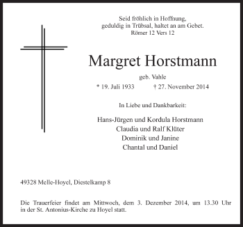 Traueranzeige von Margret Horstmann von Neue Osnabrücker Zeitung GmbH & Co. KG