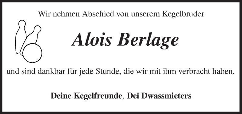  Traueranzeige für Alois Berlage vom 30.12.2014 aus Neue Osnabrücker Zeitung GmbH & Co. KG