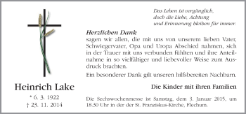 Traueranzeige von Heinrich Lake von Neue Osnabrücker Zeitung GmbH & Co. KG