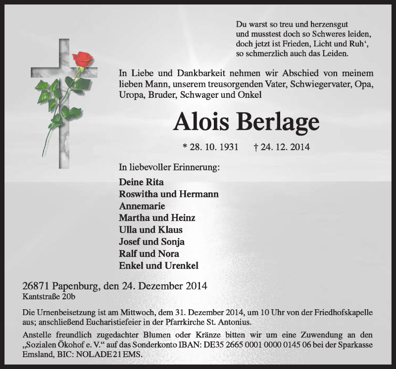  Traueranzeige für Alois Berlage vom 27.12.2014 aus Neue Osnabrücker Zeitung GmbH & Co. KG