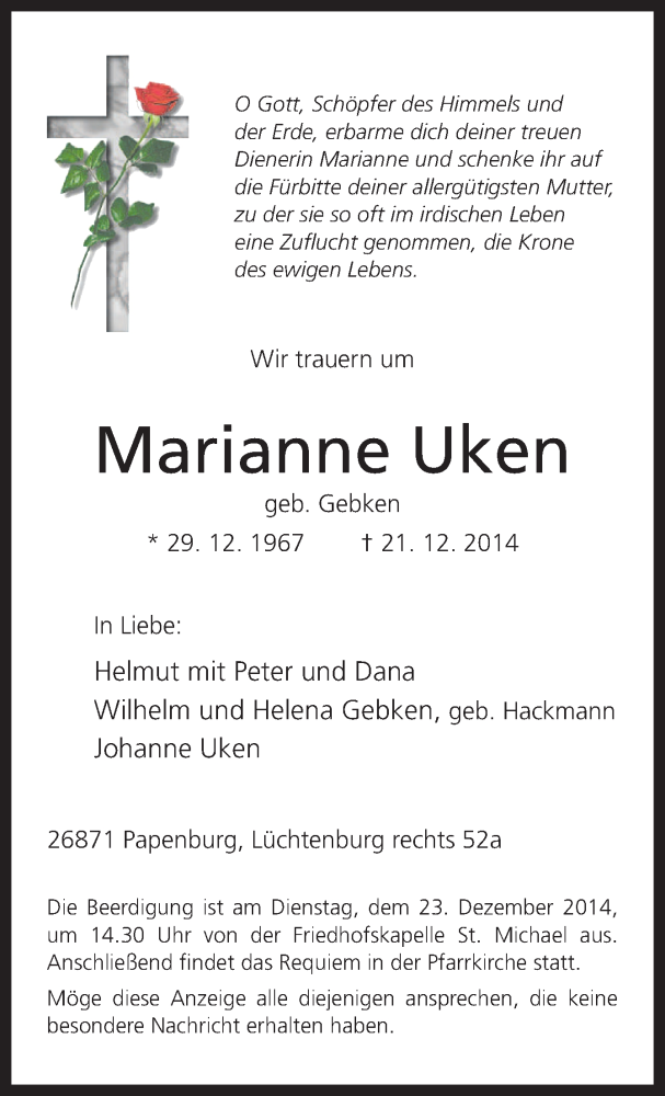  Traueranzeige für Marianne Uken vom 23.12.2014 aus Neue Osnabrücker Zeitung GmbH & Co. KG