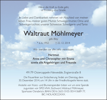 Traueranzeige von Waltraut Möhlmeyer von Neue Osnabrücker Zeitung GmbH & Co. KG