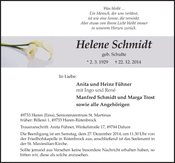 Traueranzeige von Helene Schmidt von Neue Osnabrücker Zeitung GmbH & Co. KG