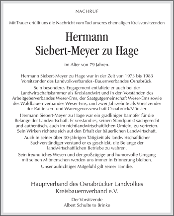 Traueranzeige von Hermann Siebert-Meyer zu Hage von Neue Osnabrücker Zeitung GmbH & Co. KG