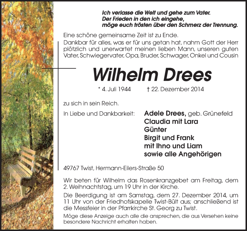  Traueranzeige für Wilhelm Drees vom 24.12.2014 aus Neue Osnabrücker Zeitung GmbH & Co. KG