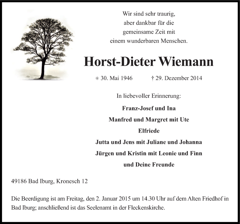  Traueranzeige für Horst-Dieter Wiemann vom 31.12.2014 aus Neue Osnabrücker Zeitung GmbH & Co. KG
