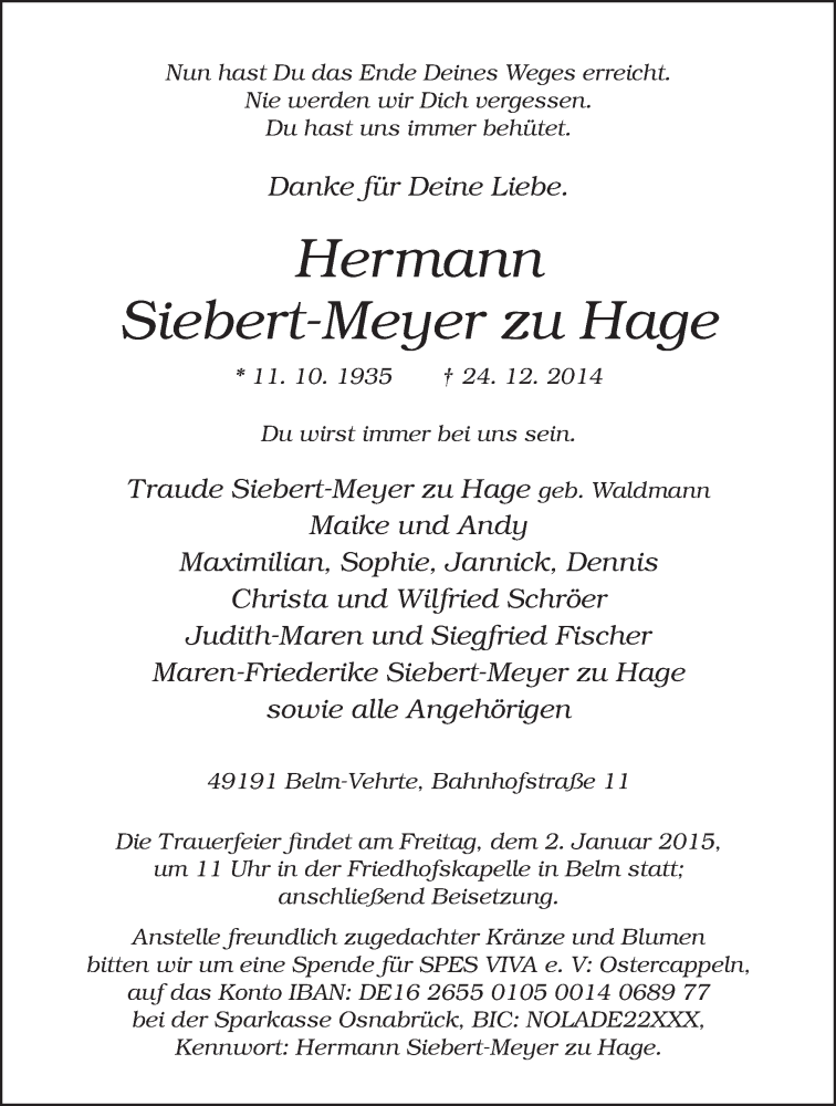  Traueranzeige für Hermann Siebert-Meyer zu Hage vom 29.12.2014 aus Neue Osnabrücker Zeitung GmbH & Co. KG