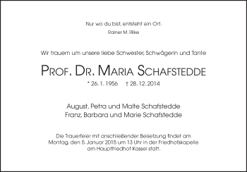 Traueranzeige von Maria Schafstedde von Neue Osnabrücker Zeitung GmbH & Co. KG