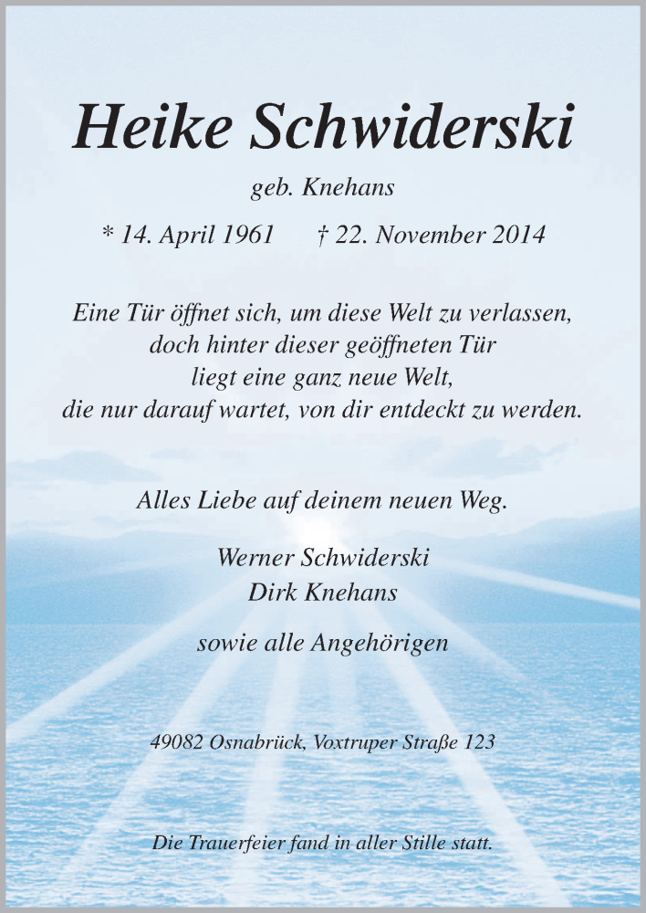  Traueranzeige für Heike Schwiderski vom 01.12.2014 aus Neue Osnabrücker Zeitung GmbH & Co. KG