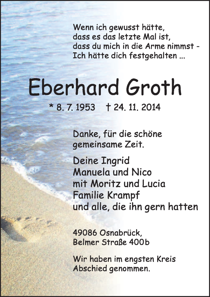  Traueranzeige für Eberhard Groth vom 01.12.2014 aus Neue Osnabrücker Zeitung GmbH & Co. KG