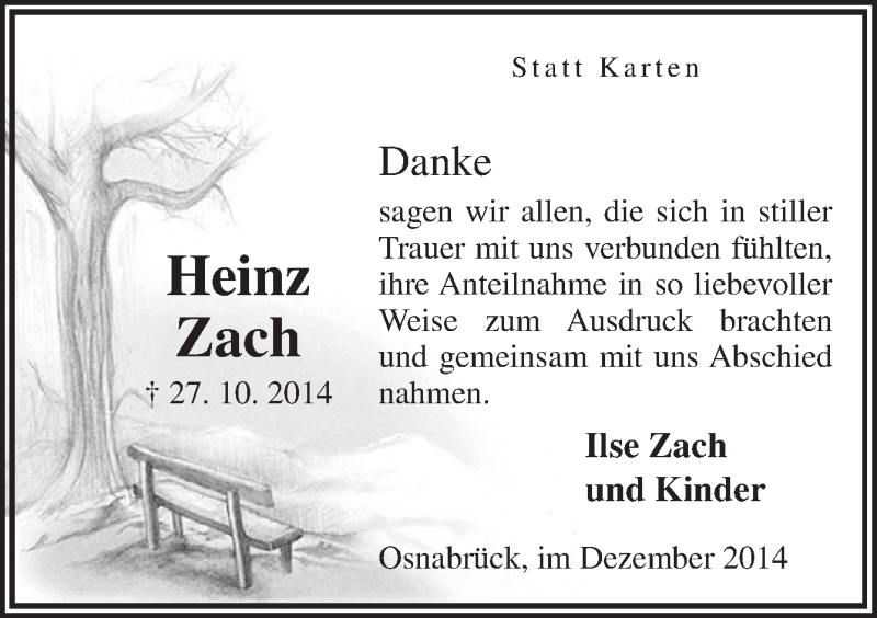  Traueranzeige für Heinz Zach vom 06.12.2014 aus Neue Osnabrücker Zeitung GmbH & Co. KG