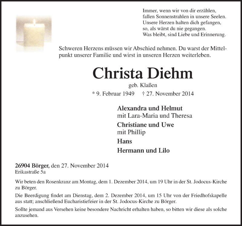  Traueranzeige für Christa Diehm vom 01.12.2014 aus Neue Osnabrücker Zeitung GmbH & Co. KG