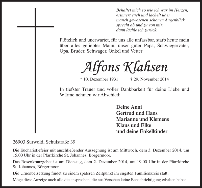  Traueranzeige für Alfons Klahsen vom 01.12.2014 aus Neue Osnabrücker Zeitung GmbH & Co. KG