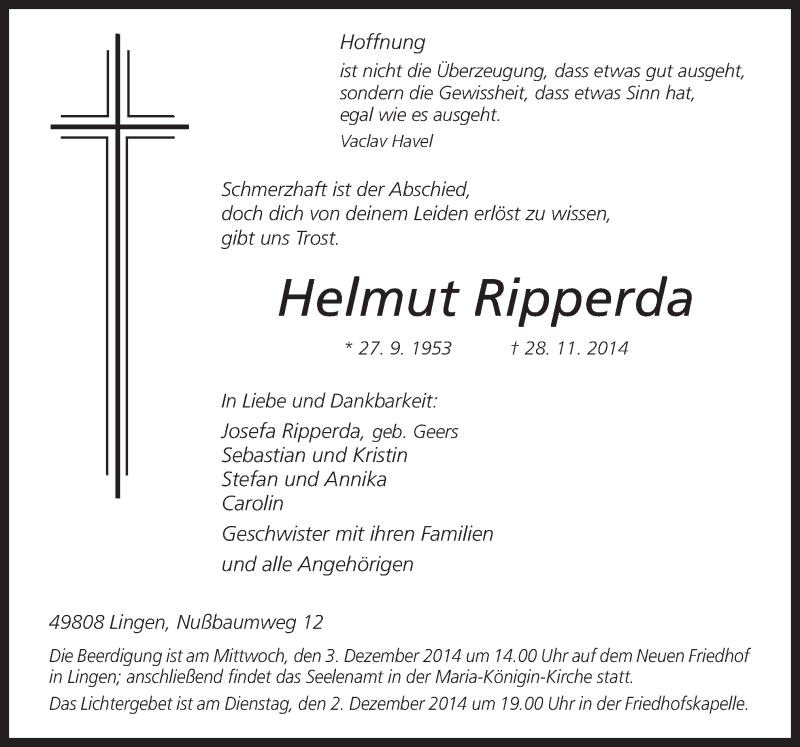  Traueranzeige für Helmut Ripperda vom 01.12.2014 aus Neue Osnabrücker Zeitung GmbH & Co. KG