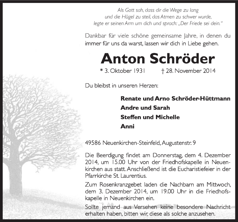  Traueranzeige für Anton Schröder vom 01.12.2014 aus Neue Osnabrücker Zeitung GmbH & Co. KG