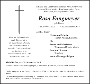 Traueranzeige von Rosa Fangmeyer von Neue Osnabrücker Zeitung GmbH & Co. KG