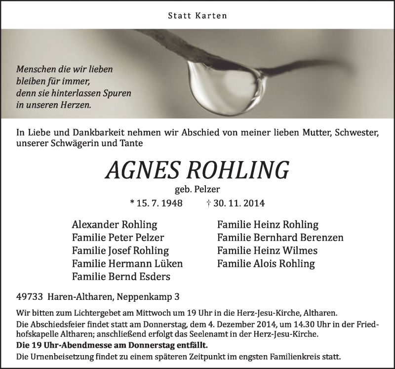  Traueranzeige für Agnes Rohling vom 02.12.2014 aus Neue Osnabrücker Zeitung GmbH & Co. KG