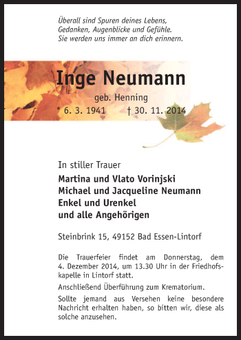 Traueranzeige von Inge Neumann von Neue Osnabrücker Zeitung GmbH & Co. KG