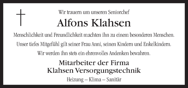  Traueranzeige für Alfons Klahsen vom 02.12.2014 aus Neue Osnabrücker Zeitung GmbH & Co. KG