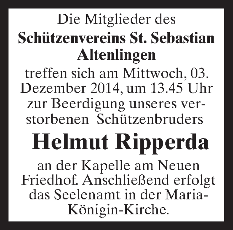  Traueranzeige für Helmut Ripperda vom 02.12.2014 aus Neue Osnabrücker Zeitung GmbH & Co. KG