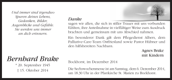 Traueranzeige von Bernhard Brake von Neue Osnabrücker Zeitung GmbH & Co. KG