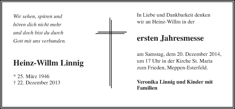  Traueranzeige für Heinz-Willm Linnig vom 17.12.2014 aus Neue Osnabrücker Zeitung GmbH & Co. KG