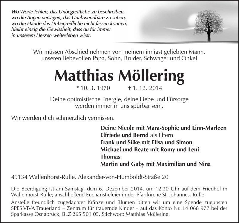  Traueranzeige für Matthias Möllering vom 03.12.2014 aus Neue Osnabrücker Zeitung GmbH & Co. KG