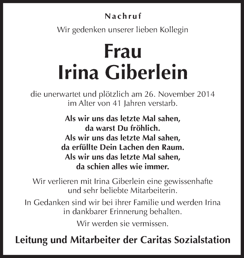  Traueranzeige für Irina Giberlein vom 03.12.2014 aus Neue Osnabrücker Zeitung GmbH & Co. KG