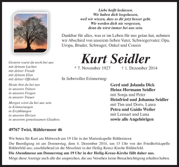 Traueranzeige von Kurt Seidler von Neue Osnabrücker Zeitung GmbH & Co. KG