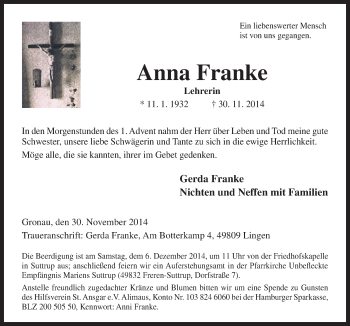 Traueranzeige von Anna Franke von Neue Osnabrücker Zeitung GmbH & Co. KG