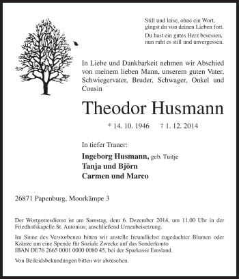 Traueranzeige von Theodor Husmann von Neue Osnabrücker Zeitung GmbH & Co. KG