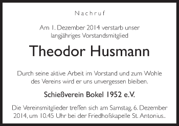 Traueranzeige von Theodor Husmann von Neue Osnabrücker Zeitung GmbH & Co. KG