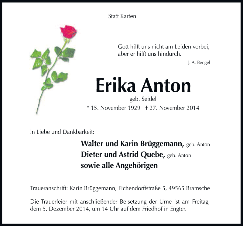 Traueranzeigen Von Erika Anton | Noz Trauerportal