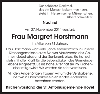 Traueranzeige von Margret Horstmann von Neue Osnabrücker Zeitung GmbH & Co. KG