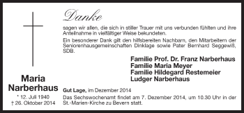 Traueranzeige von Maria Narberhaus von Neue Osnabrücker Zeitung GmbH & Co. KG