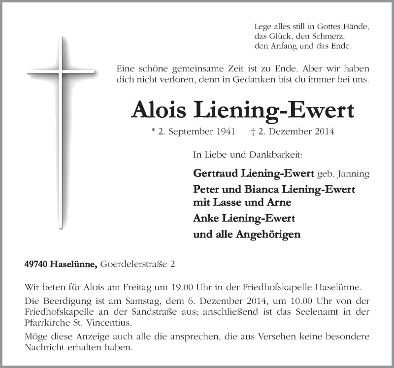  Traueranzeige für Alois Liening-Ewert vom 04.12.2014 aus Neue Osnabrücker Zeitung GmbH & Co. KG