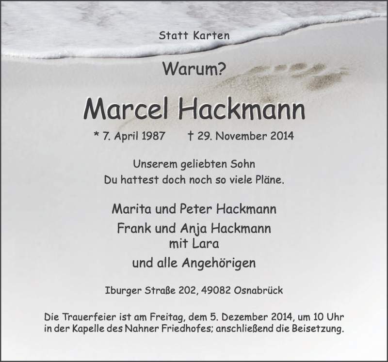  Traueranzeige für Marcel Hackmann vom 03.12.2014 aus Neue Osnabrücker Zeitung GmbH & Co. KG