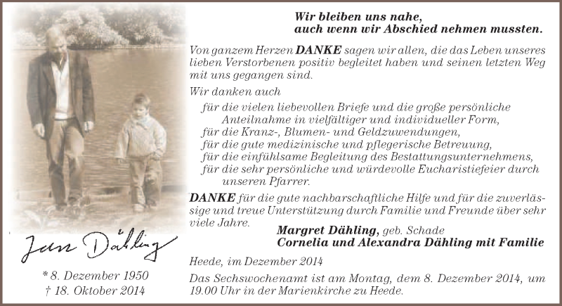  Traueranzeige für Jan Dähling vom 06.12.2014 aus Neue Osnabrücker Zeitung GmbH & Co. KG