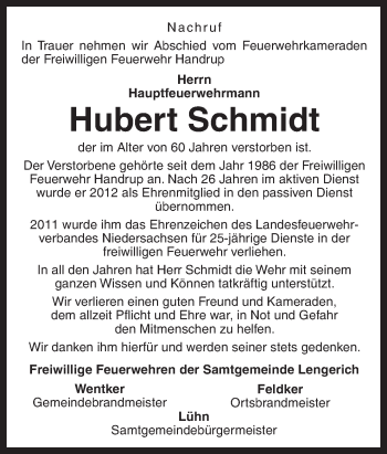 Traueranzeige von Hubert Schmidt von Neue Osnabrücker Zeitung GmbH & Co. KG