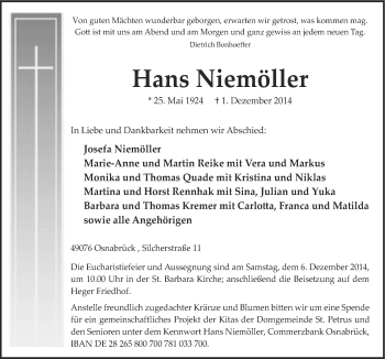 Traueranzeige von Hans Niemöller von Neue Osnabrücker Zeitung GmbH & Co. KG