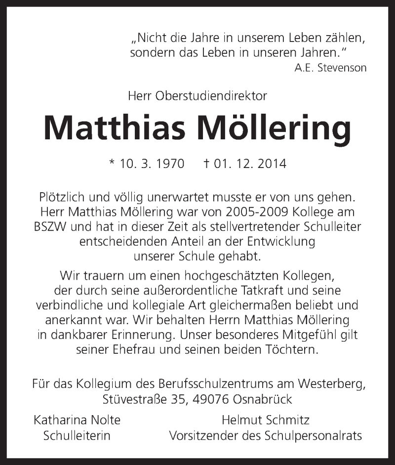  Traueranzeige für Matthias Möllering vom 04.12.2014 aus Neue Osnabrücker Zeitung GmbH & Co. KG