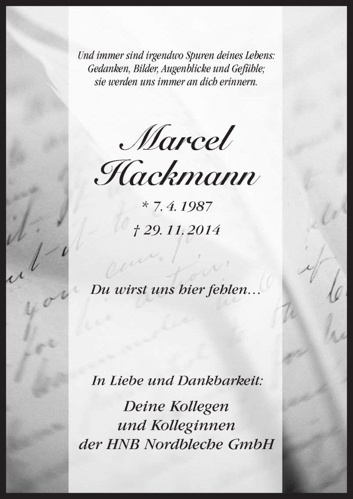  Traueranzeige für Marcel Hackmann vom 05.12.2014 aus Neue Osnabrücker Zeitung GmbH & Co. KG