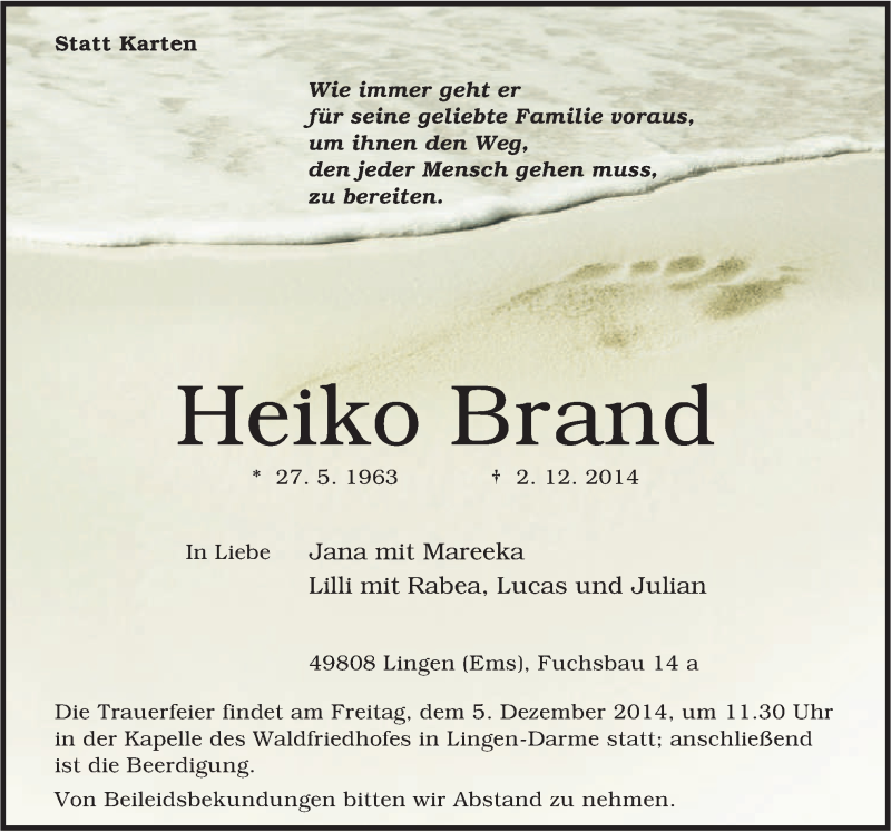  Traueranzeige für Heiko Brand vom 04.12.2014 aus Neue Osnabrücker Zeitung GmbH & Co. KG