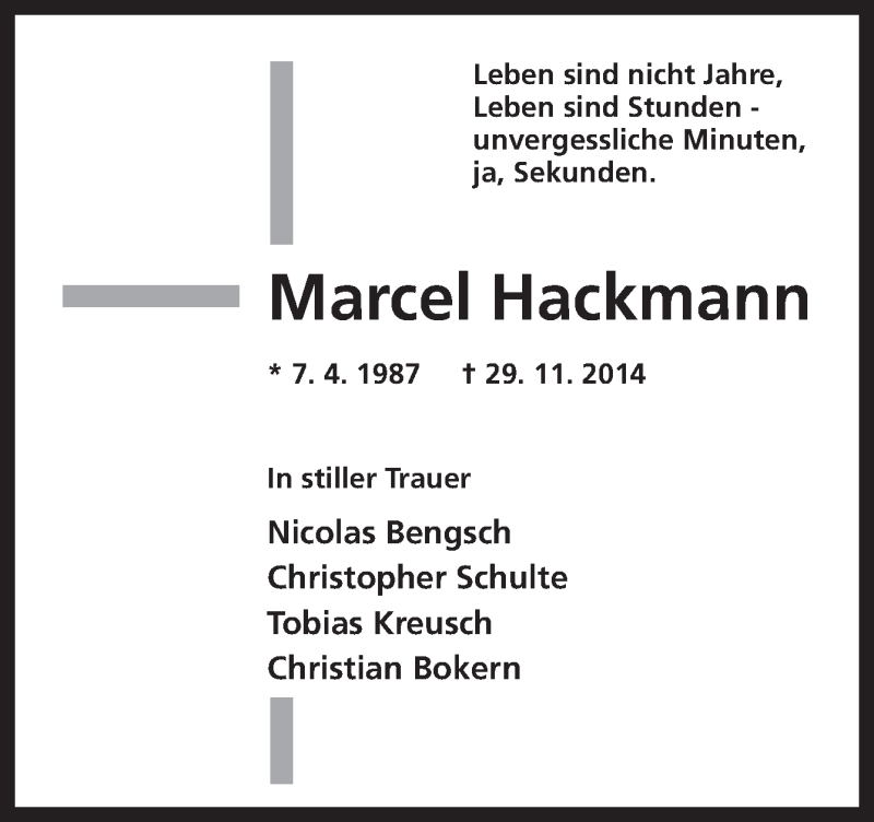  Traueranzeige für Marcel Hackmann vom 05.12.2014 aus Neue Osnabrücker Zeitung GmbH & Co. KG