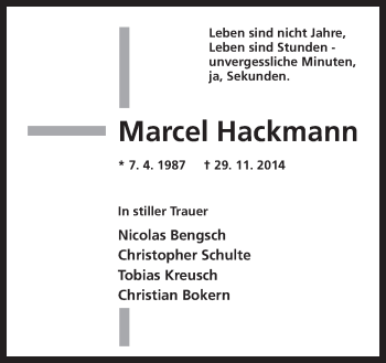 Traueranzeige von Marcel Hackmann von Neue Osnabrücker Zeitung GmbH & Co. KG